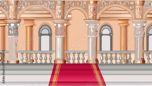 An ornate palace facade with a red carpet leading towards it