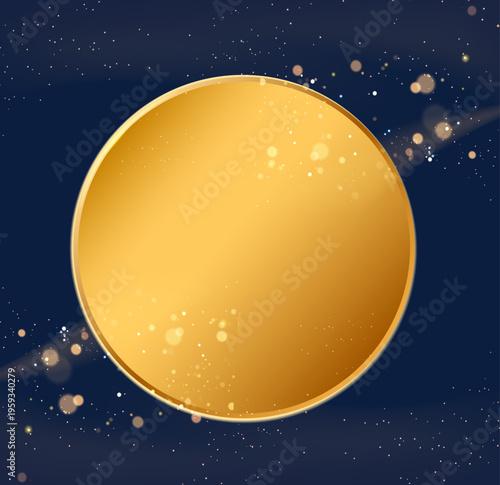 星空に輝くゴールドサークルが中央に浮かぶ幻想的なネイビーバックグラウンド・高級感ある抽象的バナー素材（コピースペース付き）