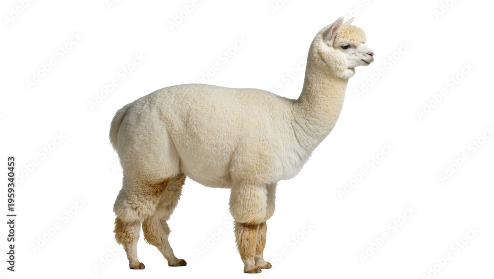 Obraz premium Beautiful cream alpaca standing in full profile, a charming fluffy domestic animal.