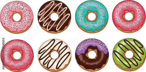 Set of colorful frosted donuts with sprinkles, chocolate drizzle, and icing in sweet bakery dessert vector illustration