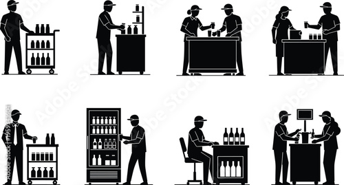 Set of bartender and bar staff silhouettes serving drinks isolated on white background, hospitality service collection for restaurant, cafe, and design use