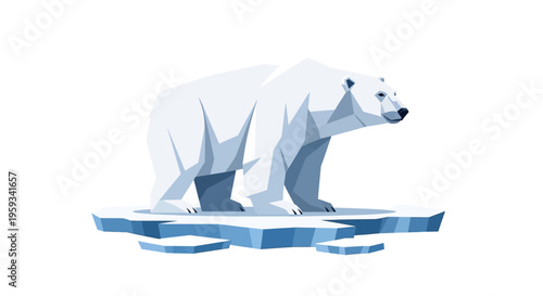 A stylized illustration of a polar bear standing on a melting iceberg, created in a geometric, low-poly art style with shades of white and blue, symbolizing the impact of climate change on