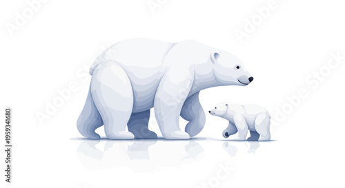 An illustration of a polar bear and its cub walking together on a white background with a subtle reflection, conveying a sense of conservation and habitat in a simple and iconic style.