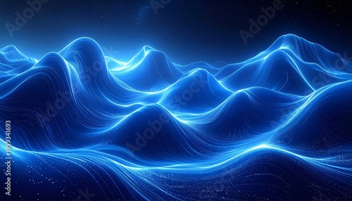 An abstract blue background with flowing light waves and fractal smoke patterns creates a dynamic digital energy backdrop with lines.