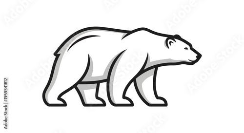 A cartoon-style illustration of a polar bear walking to the right on a white background, with a simple and iconic design.
