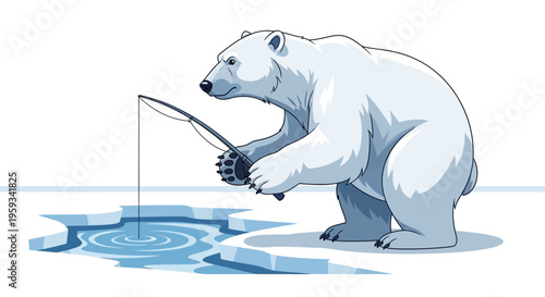 An illustration of a polar bear fishing through a hole in the ice on a snowy day with a serene and icy mood.