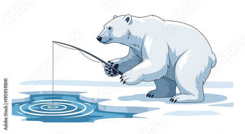 A polar bear character illustration holding a fishing rod over a hole in the ice on a white background, symbolizing polar bear day and conservation efforts.