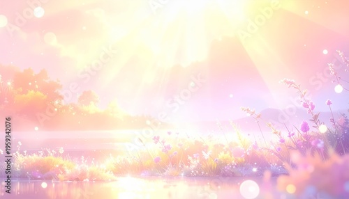 A vibrant abstract summer background with colorful bokeh and soft sunlight, featuring a striking blurred nature design.