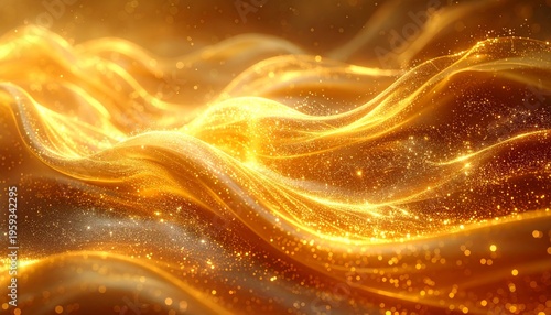 An abstract, fractal background in gold, highlighted by shimmering light waves.