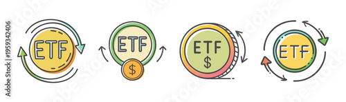 Four hand-drawn ETF exchange-traded fund icons with currency and arrows.