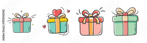 Set of four hand-drawn gift box icons with bows and festive elements.