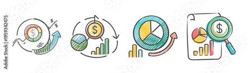 Fundamental analysis icons with charts, graphs, and magnifying glass