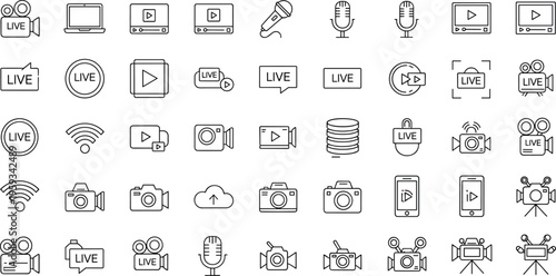 Set of live streaming and media line icons including camera, microphone, video, broadcast, and online content symbols in vector style