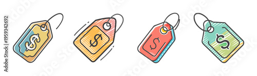 Collection of price tag icons with dollar signs for retail and commerce