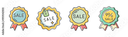 Sale badge icons with ribbon and tag for retail promotion and marketing offers