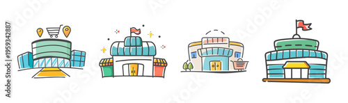 Set of four doodle-style shopping mall and retail store icons for commerce