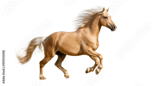 Tableau sur toile Dynamic shot of a graceful palomino horse with golden coat and flowing white man