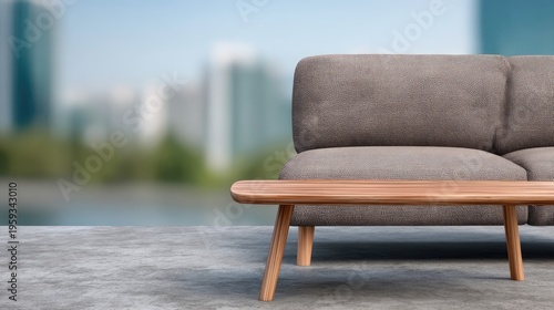 Soft lighting highlights a living room with a beige sofa and coffee table, creating a space for text and product display