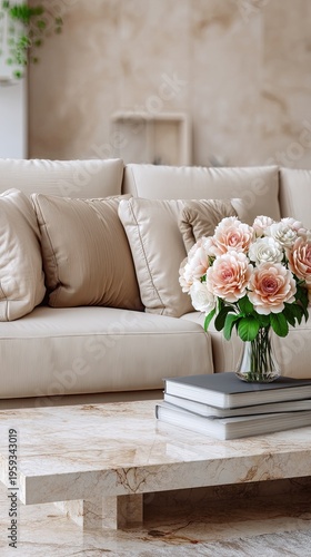 Soft lighting highlights a living room with a beige sofa and coffee table, creating a space for text and product display