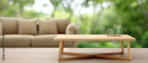 Soft lighting highlights a living room with a beige sofa and coffee table, creating a space for text and product display