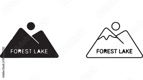 Mountain peak icon with lake and hiker, with transparent background
