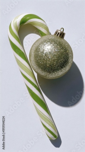 A green background features a candy cane and a green ornament on the side, suitable for holiday themes and decorations