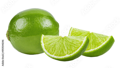 Vibrant whole green lime with two fresh, juicy wedges, perfect for a refreshing drink