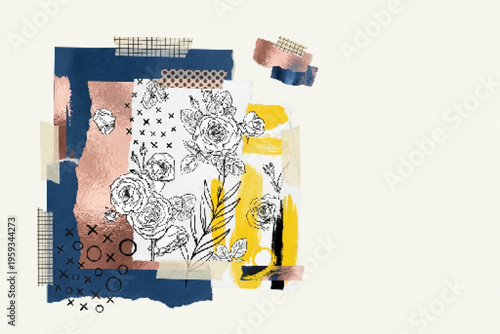 Vintage floral collage with rose line art and washi tape, aesthetic scrapbook background with navy blue and rose gold textures, mixed media vector