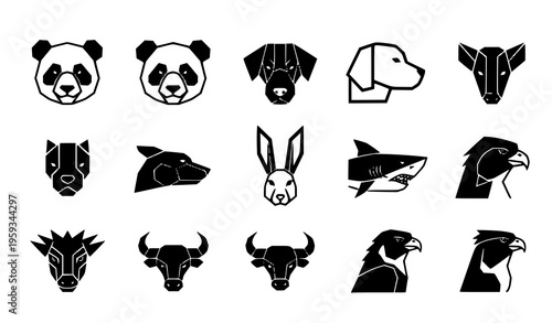 Minimal geometric animal head logos vector set with abstract branding icons isolated on white