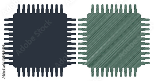 Two contrasting microchip processors side-by-side, representing technology and innovation.