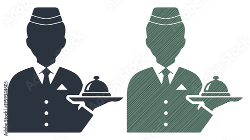 Two hotel staff silhouettes offering service with a tray and cloche