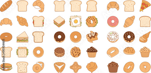 Set of bakery and bread icons including toast, croissants, donuts, sandwiches, and pastries in colorful flat vector illustration style