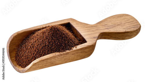 Photos Rustic wooden scoop brimming with fine dark brown instant coffee granules, bever