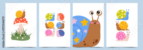 Cute snail nursery poster set with colorful characters. Hand drawn kawaii vector illustration for kids room decor, greeting cards, baby shower, wall art prints and design