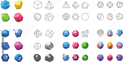 Set of colorful gemstone icons including crystals, minerals, and faceted jewels in outline, flat, and glossy vector illustration styles