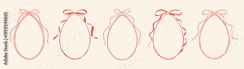Red vintage oval Easter frames with egg shape, bows and ribbons, hand drawn doodle style line art. Decorative festive outlines for greeting card, invitation, spring poster, print, label, branding.