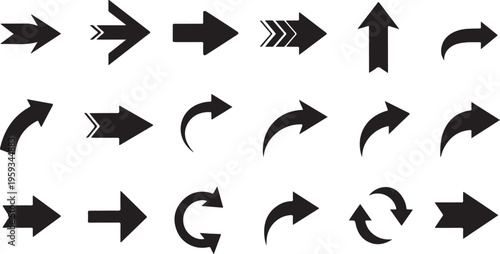 Arrow icons, directional symbols, navigation pointers, black vector graphics isolated on Transparent Background