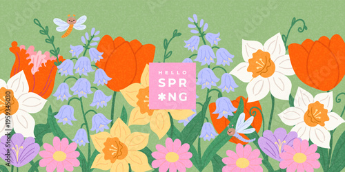 Cute spring meadow horizontal banner with blooming flowers, bluebells, daffodils and little dragonflies in textured hand drawn style. Floral vector background for Easter, Mother’s Day
