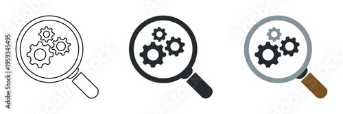 Magnifying Glass Gear Icons Search Settings Analysis Inspection Tool Optimization Engineering Process Technology Control Vector Illustration Set Isolated Background