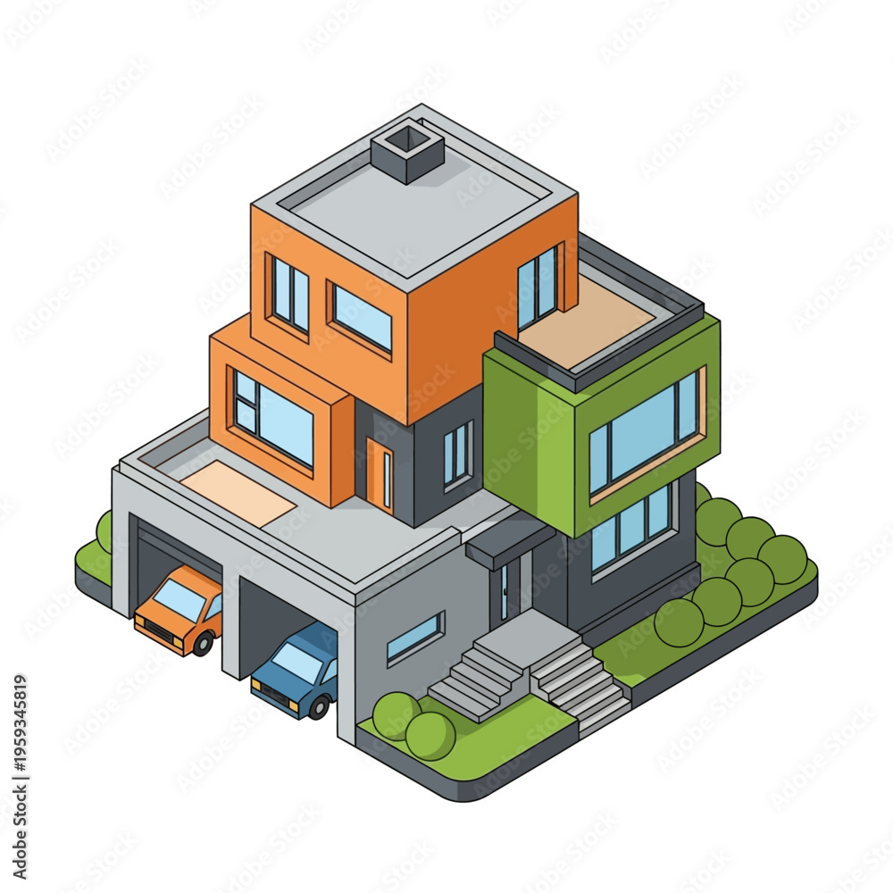 Fototapeta premium An isometric illustration of a modern, multi-story house with a garage, featuring colorful geometric sections and surrounding greenery.