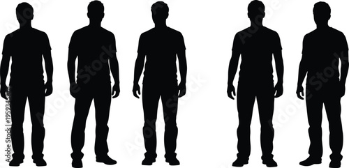 Set of male standing silhouettes isolated on white background, full body human figures collection for character, lifestyle, and design use