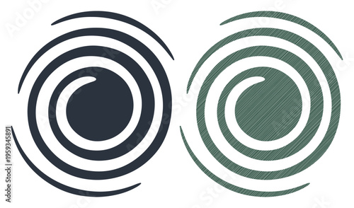 Two stylized spiral logos, one solid dark blue, the other green with hatching, suggesting duality or comparison.