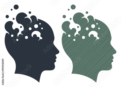 Abstract depiction of a human head silhouette with dissolving thoughts or ideas