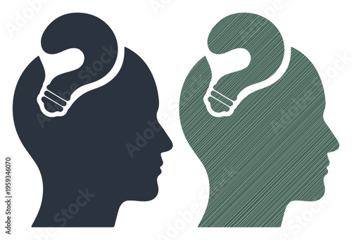 Two silhouetted heads with question marks and lightbulbs inside, symbolizing confusion and ideas.