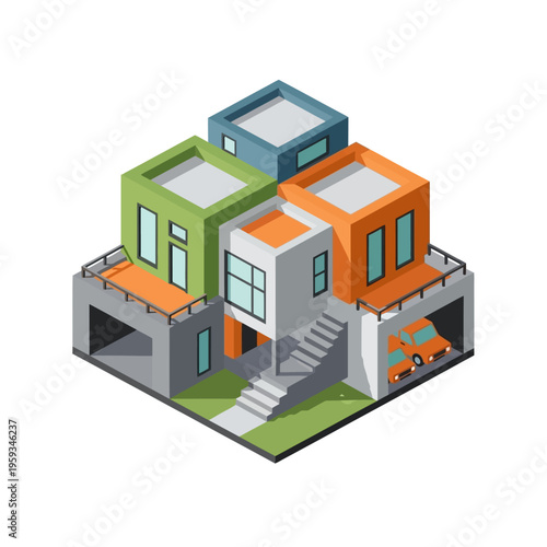 A colorful, modern, multi-story residential building with a unique geometric design and attached garages.