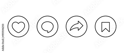 Like, comment, share, and save outline icon. Heart, speech bubble, repost, and bookmark symbol in circular line