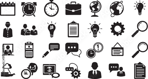 Business icons, office symbols, workflow signs, management graphics isolated on Transparent Background