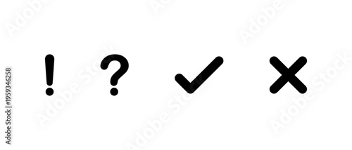 Exclamation, question, check, and cross mark icon. Attention, inquiry, approval, and rejection symbol