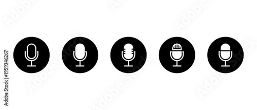 Microphone podcast icon set in black circle. Audio recording symbol. Sound studio sign