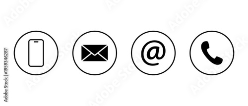 Smartphone, email, mention, and phone call icon. Contact customer support symbol in circular outline